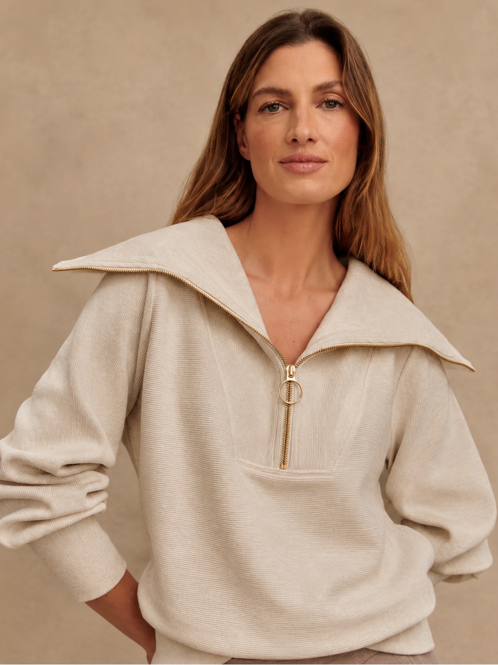 Varley Vine Half Zip Ottoman Rib Oatmeal/Ivory Pullover Size Xs